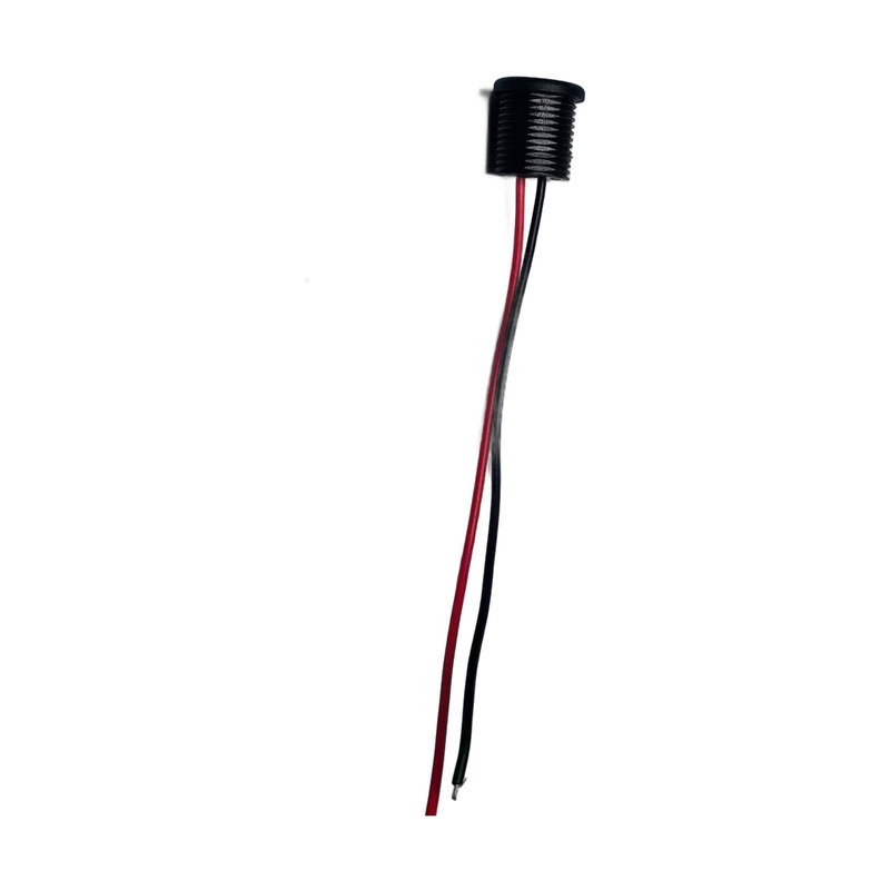 Sample A: black cylindrical threaded housing with red and black pigtail leads, sample 1 of 2 for the LED and Lighting Wiring category
