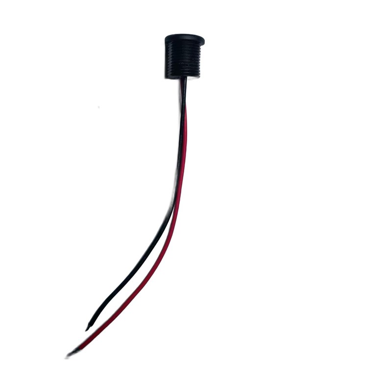Sample 14 of 14: black cylindrical threaded housing with pigtail leads, form category pending human classification